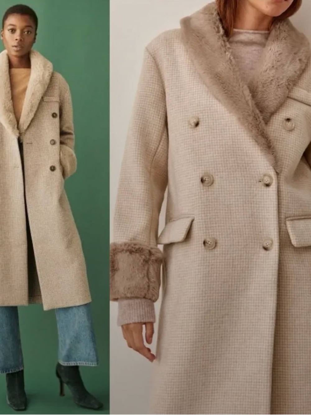 Reformation Cream Double-Breasted Faux-Fur Collar Pea Coat